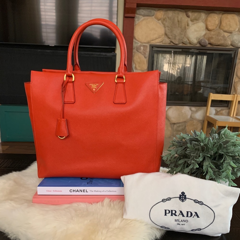 Authentic PRADA Saffiano shopper tote bag large red orange